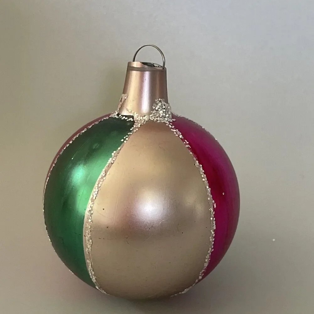 Vintage Hand Painted Blown Glass Christmas Ornament Striped Glitter Multicolor